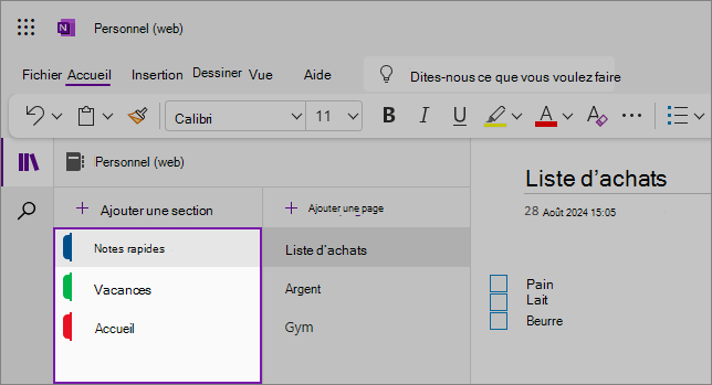 Affichage de l’interface utilisateur web OneNote montrant la zone de contenu