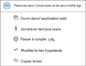 Sélectionnez les liens vers le fichier OneDrive pour accéder aux options telles que l’ouverture d’une application web, l’attachement en tant que copie, la modification de l’URL complète, la modification du lien hypertexte et la copie de l’URL.