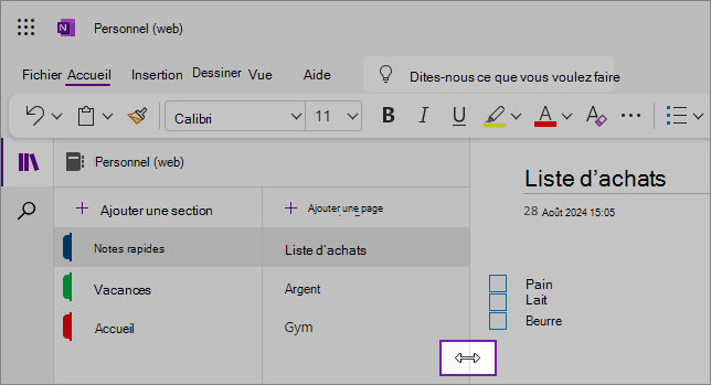 Captures d’écran montrant comment redimensionner les volets de navigation OneNote