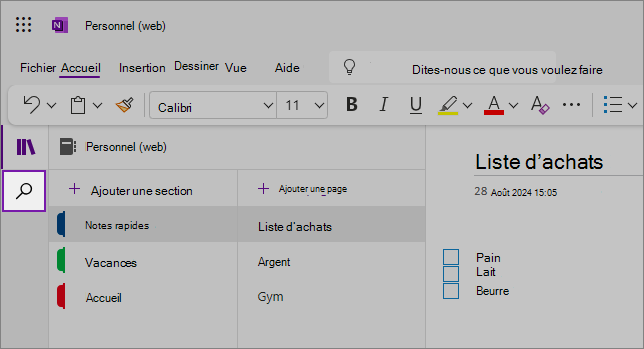 Affichage de l’interface utilisateur web OneNote montrant la zone de contenu