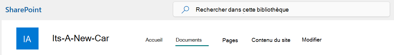 Menu de la barre supérieure du site SharePoint avec l’option Documents sélectionnée.