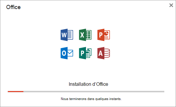 Affiche la boîte de dialogue de progression qui apparaît lors de l’installation d’Office