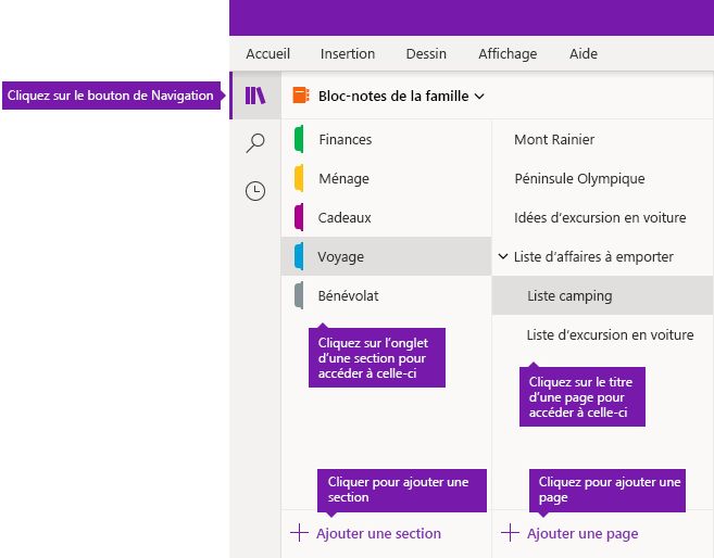 Sections et pages dans OneNote pour Windows 10