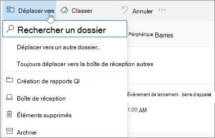 Déplacement d’un courrier électronique vers un dossier dans Outlook sur le Web