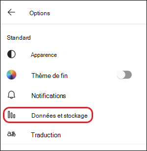 Paramètre de stockage et de données mobiles Teams