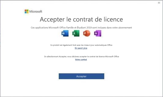 Contrat de licence utilisateur final de Microsoft Office 2019.