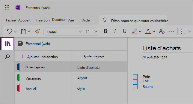 Affichage de l’interface utilisateur web OneNote montrant la zone de contenu