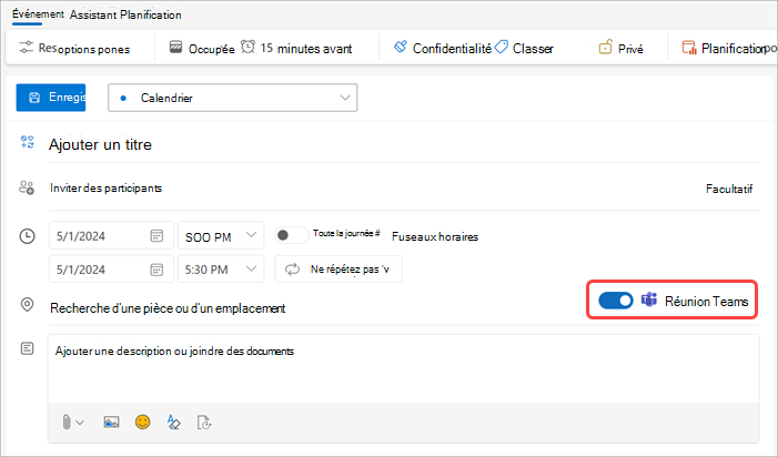 Activez le bouton bascule de réunion Teams dans Outlook pour planifier une réunion Teams,