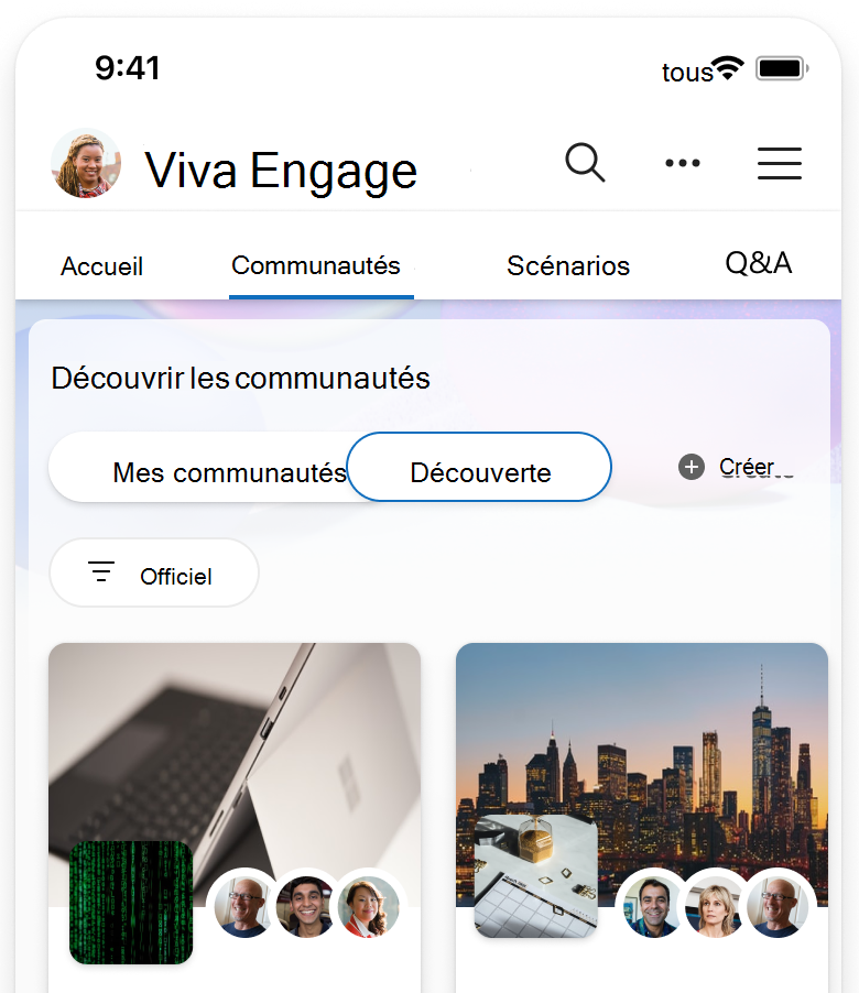 Capture d’écran montrant la page de découverte filtrée pour afficher uniquement les communautés officielles