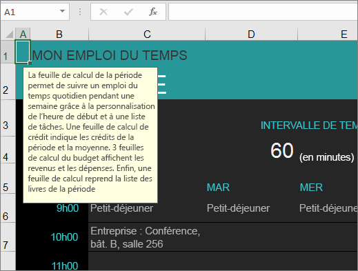 Nouveau modèle Excel Gestionnaire de cours universitaires avec des descriptions pour les éléments.