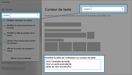 Page Paramètres pour le curseur de texte