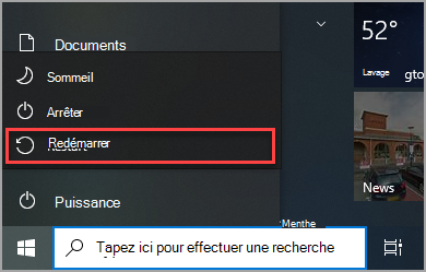 Où trouver l’option Redémarrer dans le menu Démarrer Windows 10.