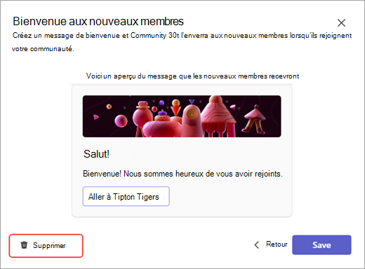 Capture d’écran du bouton Supprimer pour supprimer un message de bot de la communauté dans Microsoft Teams.