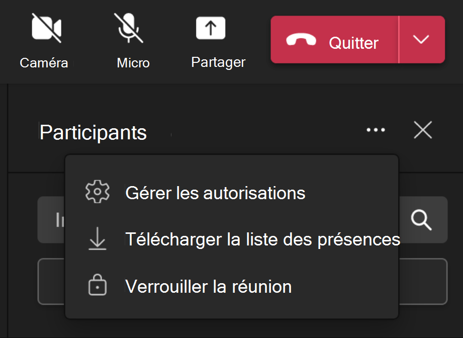Image montrant l’option de liste déroulante Participants avec verrouillage de réunion.