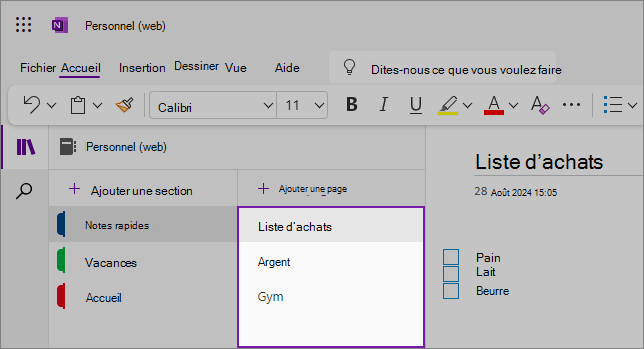 Affichage de l’interface utilisateur web OneNote montrant la zone de contenu