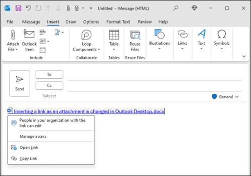 Insérer une nouvelle expérience de lien dans Outlook