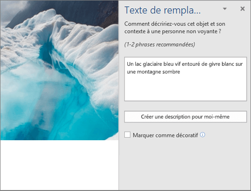 Nouvelle boîte de dialogue Texte de remplacement affichant un texte de remplacement généré automatiquement dans Word