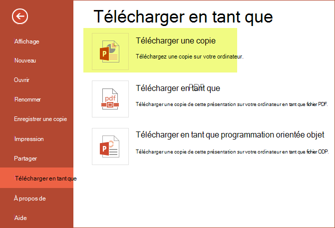 Utilisez l’option Télécharger une copie pour enregistrer la présentation sur votre ordinateur.