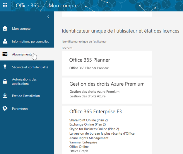 Page Abonnements Office 365