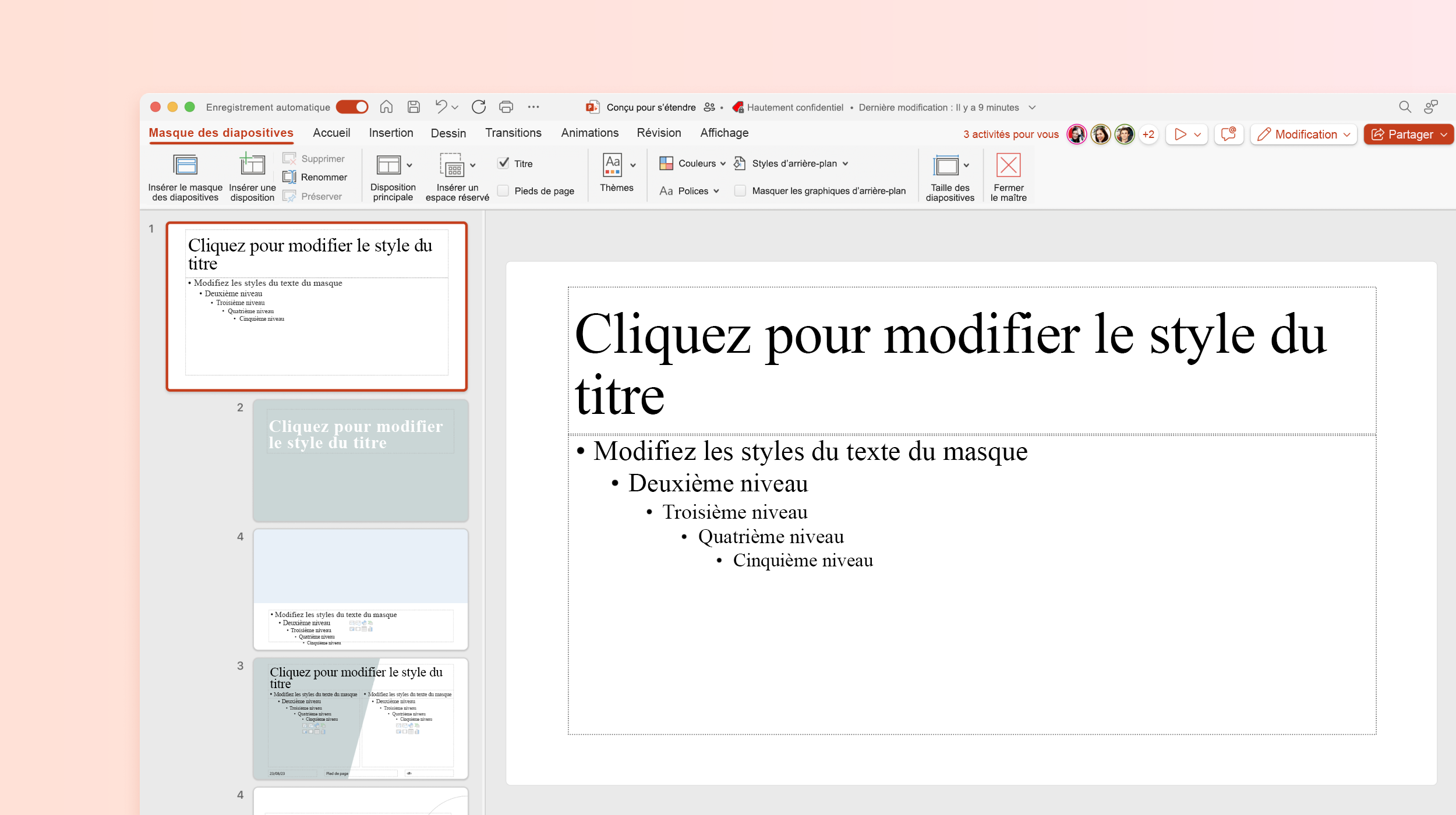 La capture d'écran montre un Silde Master dans un modèle PowerPoint.