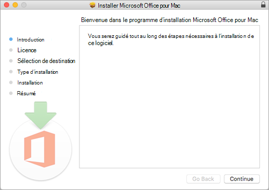 Premier écran d’installation d’Office pour Mac 2016 avec l’option « Continuer » mise en évidence