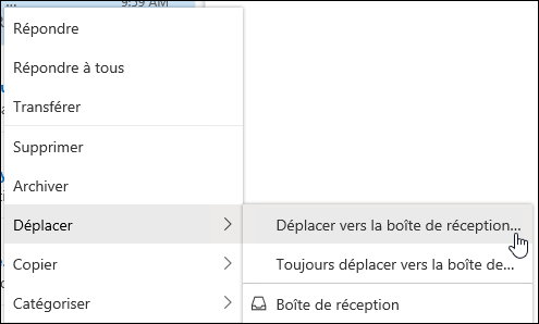 Une capture d’écran montre le menu contextuel avec les options Déplacer vers une autre boîte de réception et Toujours déplacer vers une autre boîte de réception.