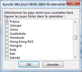 Boîte de dialogue de sélection des jours fériés des pays/régions