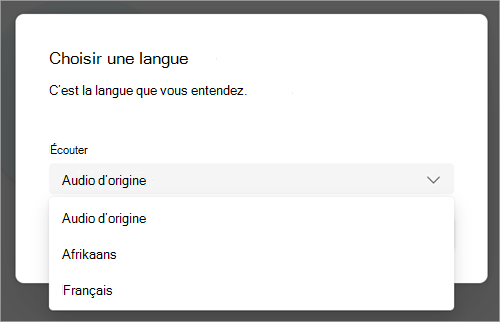 Capture d’écran du menu déroulant avec des options de langue à traduire pendant la réunion Teams.