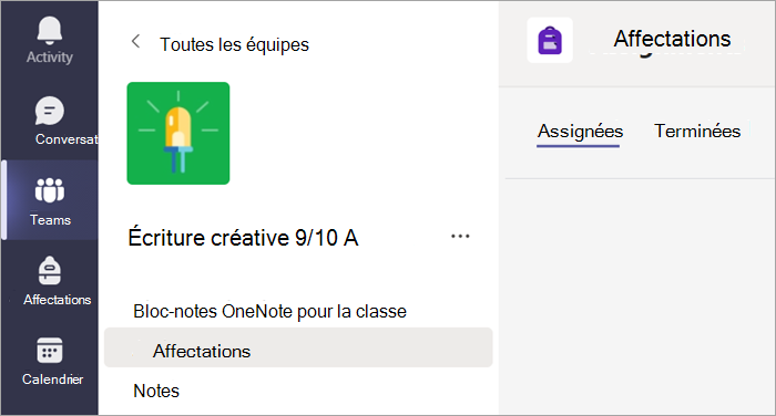 Sélectionnez l’onglet Devoirs pour afficher vos devoirs dans une classe.