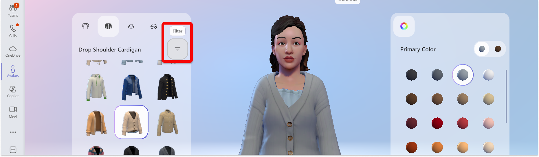 Capture d’écran de l’application avatars dans Teams montrant le bouton filtres pour la catégorie garde-robe.