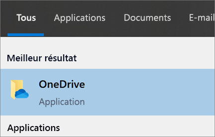 Capture d’écran de la recherche de l’application de bureau OneDrive dans Windows 10