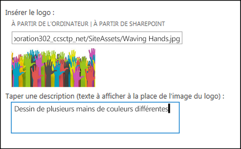 Boîte de dialogue Titre et logo du nouveau site de SharePoint Online, montrant comment créer le texte de remplacement pour l’image du logo