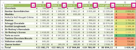 Tableau Excel illustrant les filtres par défaut