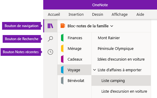 Barre de navigation dans OneNote pour Windows 10