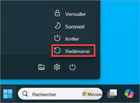 Recherche de l’option Redémarrer dans Windows 11.