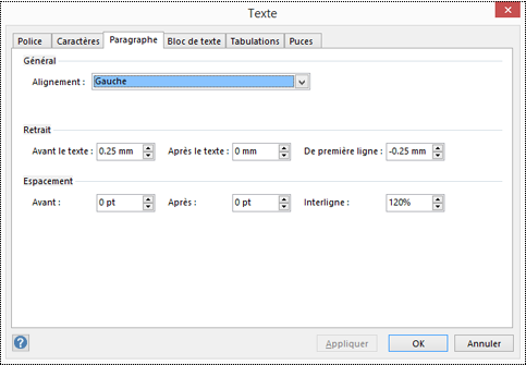 Boîte de dialogue Espace entre paragraphes de Visio.