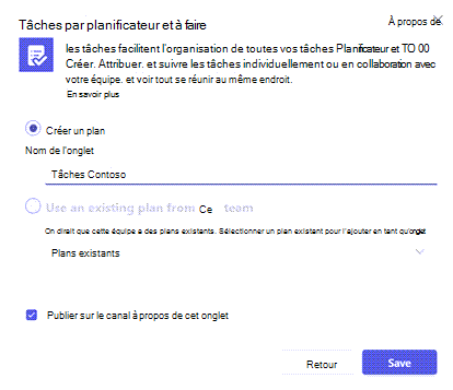 Boîte de dialogue que vous obtenez lorsque vous allez ajouter un onglet Tâches par Planificateur et À faire à un canal Teams.