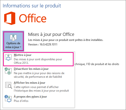 Vérification manuelle des mises à jour d'Office dans Word 2016