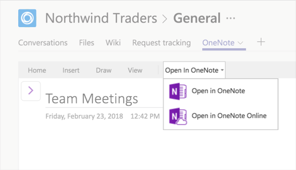 Onglet OneNote avec l’option Modifier dans OneNote sélectionnée