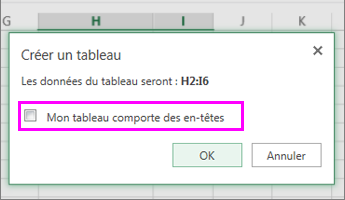 Boîte de dialogue pour convertir une plage de données en tableau