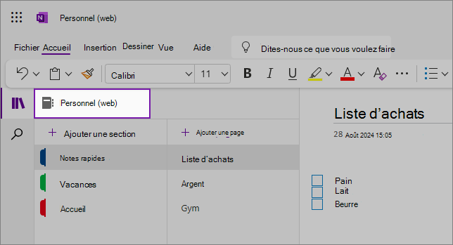 Affichage de l’interface utilisateur web OneNote montrant la zone de contenu