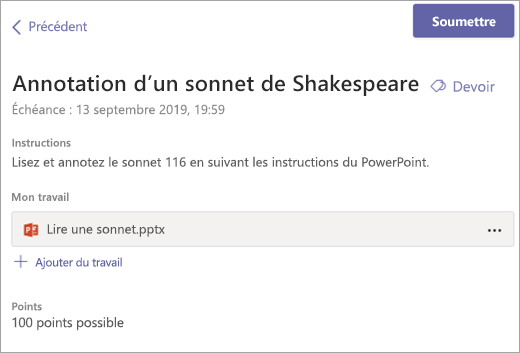 Affichez votre devoir et sélectionnez Envoyer.