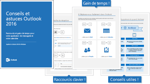 Couverture du livre électronique Conseils et astuces Outlook 2016, pages affichant des conseils