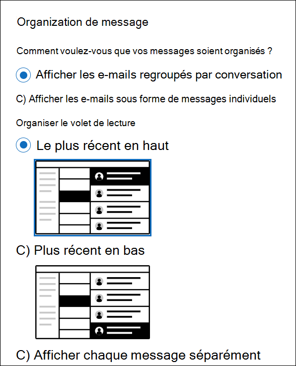 Capture d’écran de la section Paramètres > Disposition du> de messagerie montrant la section Organisation des messages