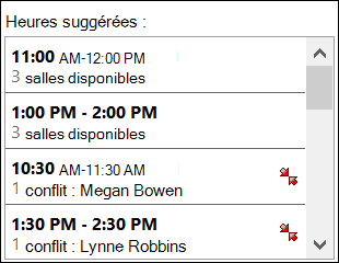 Utilisez le sélecteur d’heures suggérées pour voir quand les participants sont disponibles.