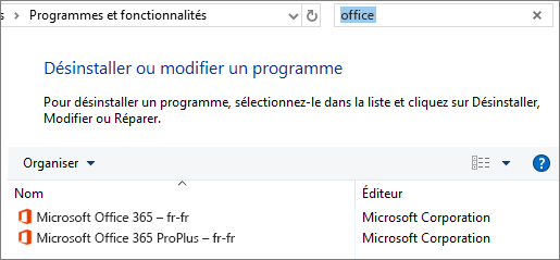 Affiche deux copies d’Office installées dans le Panneau de configuration