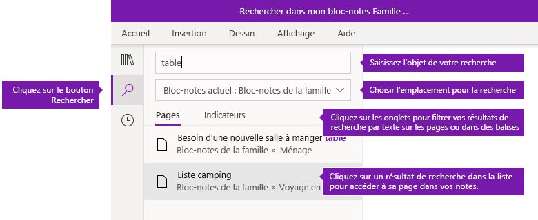 Options du volet de recherche dans OneNote pour Windows 10