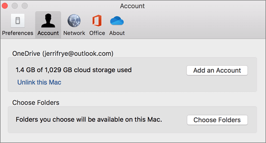 צילום מסך של הוספת חשבון OneDrive העדפות ב- Mac