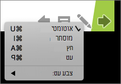 צילום מסך שמציג את האפשרויות הזמינות עבור המצביע המשמש בהצגת שקופיות. האפשרויות הן אוטומטיות, מוסתרות, חץ, עט וצבע עט.