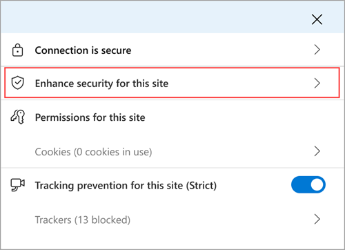 תפריט מידע על אתר Microsoft Edge המציג את התכונה 'שפר אבטחה עבור אתר זה'. 